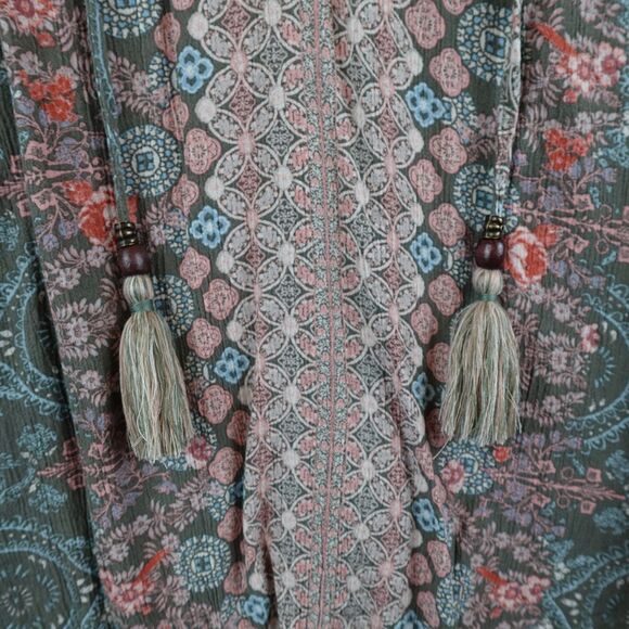 Mason & Belle Blouse Women's Large Green Pink Floral Tasseled Boho Peasant Hippy - Picture 8 of 9